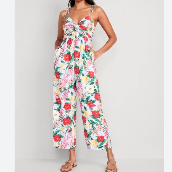 Old Navy Pants - Old Navy Tie-Shoulder Cropped Twist-Front Smocked Jumpsuit Sweetheart Neckline